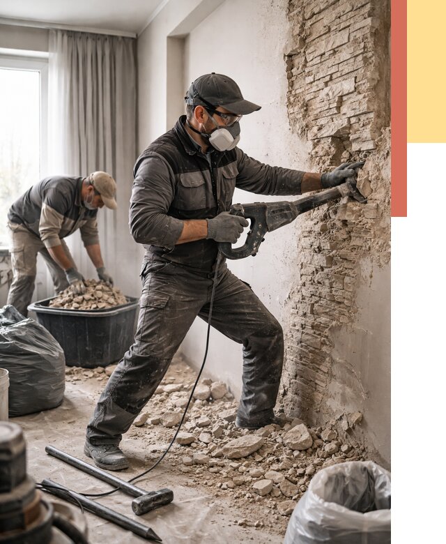 Демонтаж декоративного камня в Гулькевичах от 1504 руб/м² — быстро и недорого | ОТДЕЛОЧНИК-Гль