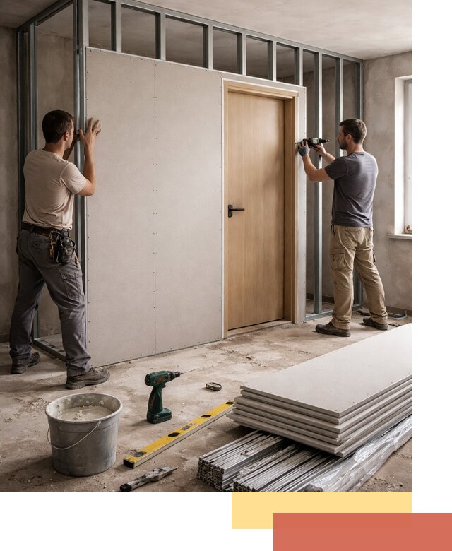 Перегородка из гипсокартона с дверью под ключ в Гулькевичах