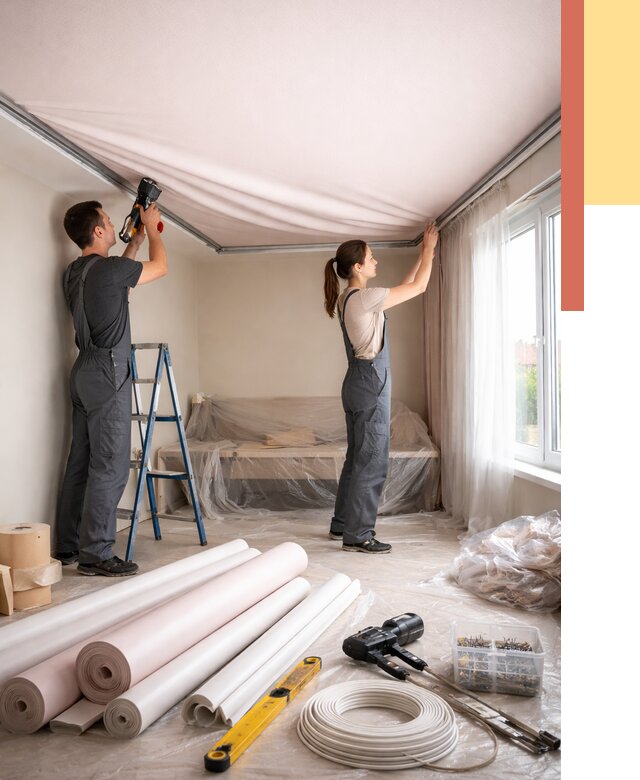 Монтаж цветного натяжного потолка в Гулькевичах от 4357 руб/м² — быстро и недорого | ОТДЕЛОЧНИК-Гль