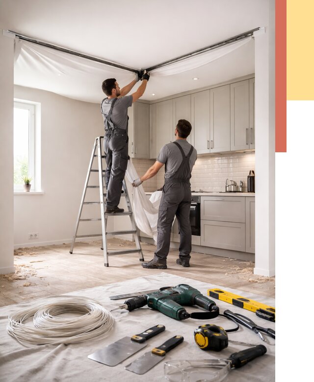 Установка натяжного потолка на кухне в Гулькевичах от 2490 руб. | ОТДЕЛОЧНИК-Гль