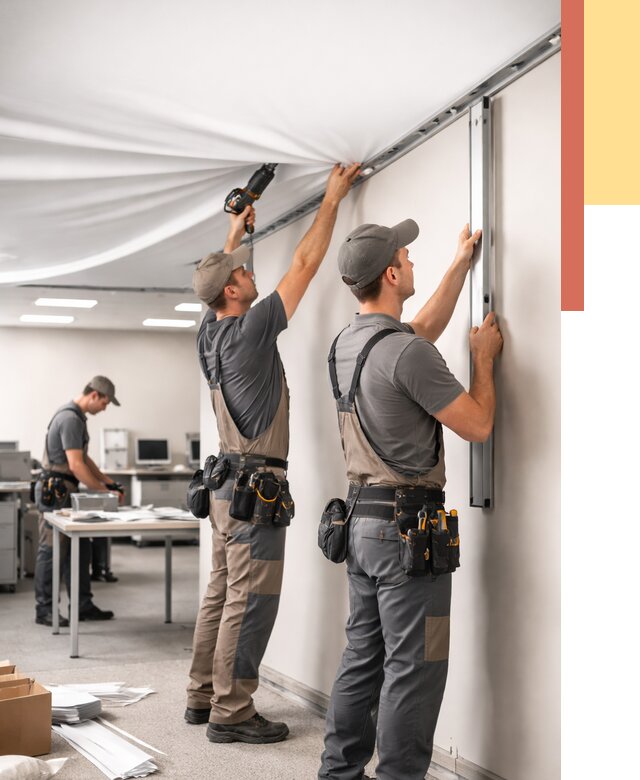 Монтаж натяжного потолка в офисе в Гулькевичах от 467 руб/м² — быстро и недорого | ОТДЕЛОЧНИК-Гль