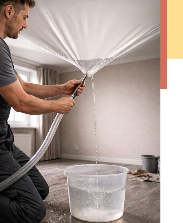 Слив воды с натяжного потолка в Гулькевичах от 2594 руб. быстро и недорого | ОТДЕЛОЧНИК-Гль